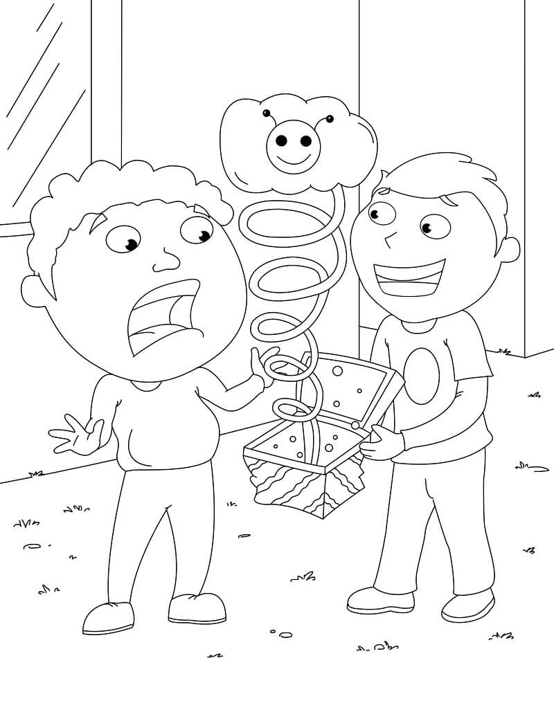 Coloring book boy is making a joke to his friend on April Fools Day Coloring book boy is making a joke to his friend on April Fools Day